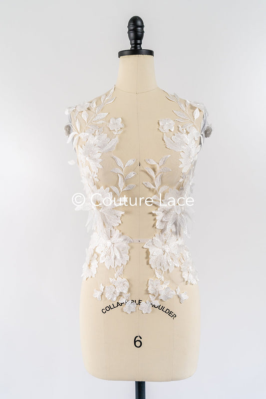 Bridal lace appliques with 3D flowers/Wedding dress lace embellishments with pearls// A24-389