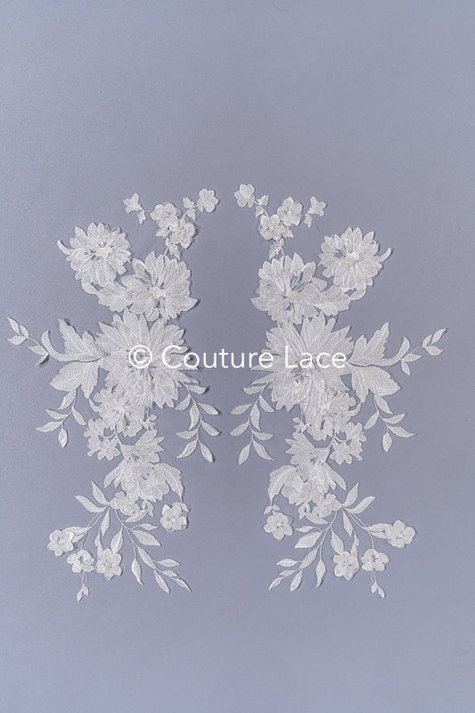 Bridal lace appliques with 3D flowers/Wedding dress lace embellishments with pearls// A24-389