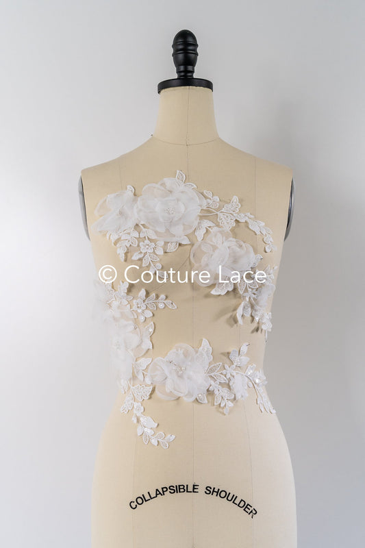 3D-Blumen Perlen-Applikationen für Brautkleider/ Brautkleidspitze Perlen Motive // A25-486