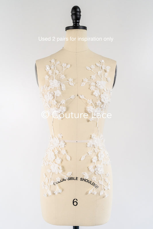 Romantische Applikation off-white/ Brautapplikation mit 3D Blumen & Perlen/ Brautkleid Spitzenapplikation/ Blumen Brautspitze Applikation// A24-382