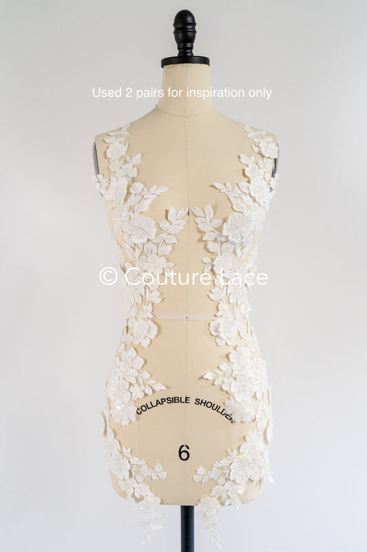Romantische Applikation off-white/ Brautapplikation mit 3D Blumen & Perlen/ Brautkleid Spitzenapplikation/ Blumen Brautspitze Applikation// A24-385