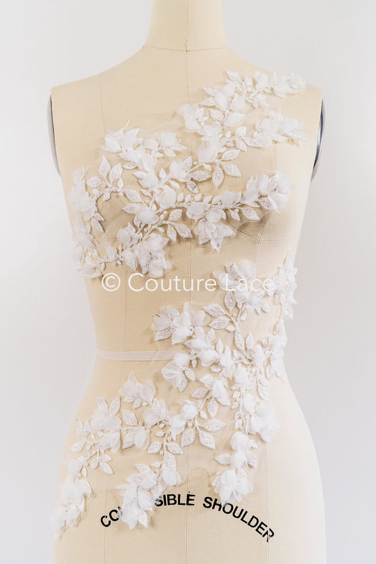 Aplicaciones de perlas con flores 3D para vestidos de novia / Encaje de novia con motivos de perlas // A26-525