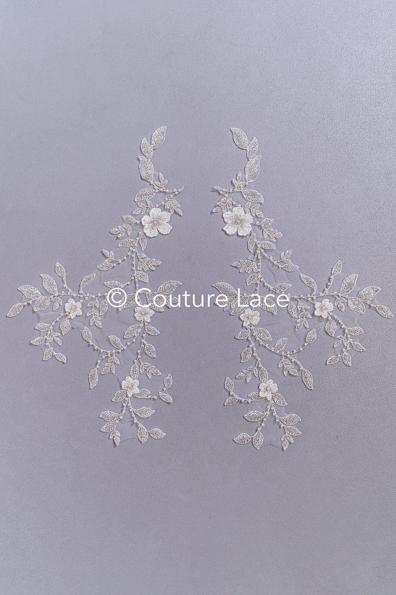 Beaded embroidered flower appliqués for wedding dresses/ bridal lace bead motifs // A25-511