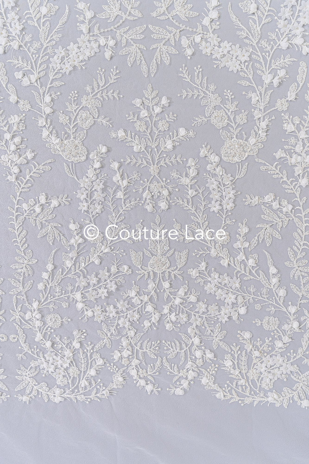 Fine bridal lace with small flowers and pearls – Handmade bridal fabric embroidery // L25-841
