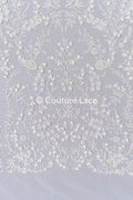 Fine bridal lace with small flowers and pearls – Handmade bridal fabric embroidery // L25-841