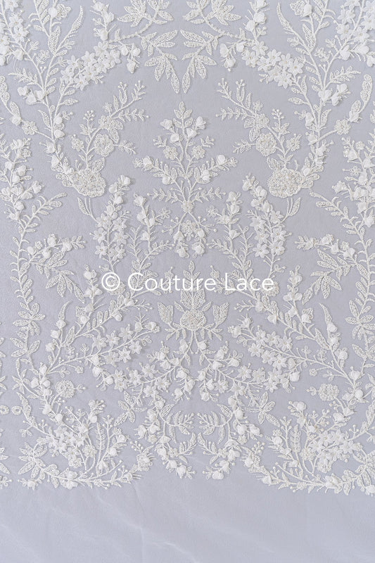 Fine bridal lace with small flowers and pearls – Handmade bridal fabric embroidery // L25-841