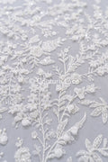 Fine bridal lace with small flowers and pearls – Handmade bridal fabric embroidery // L25-841