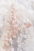 Fine bridal lace with small flowers and pearls – Handmade bridal fabric embroidery // L25-841