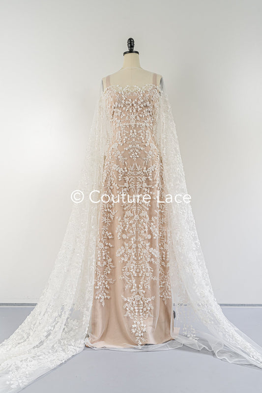 Fine bridal lace with small flowers and pearls – Handmade bridal fabric embroidery // L25-841