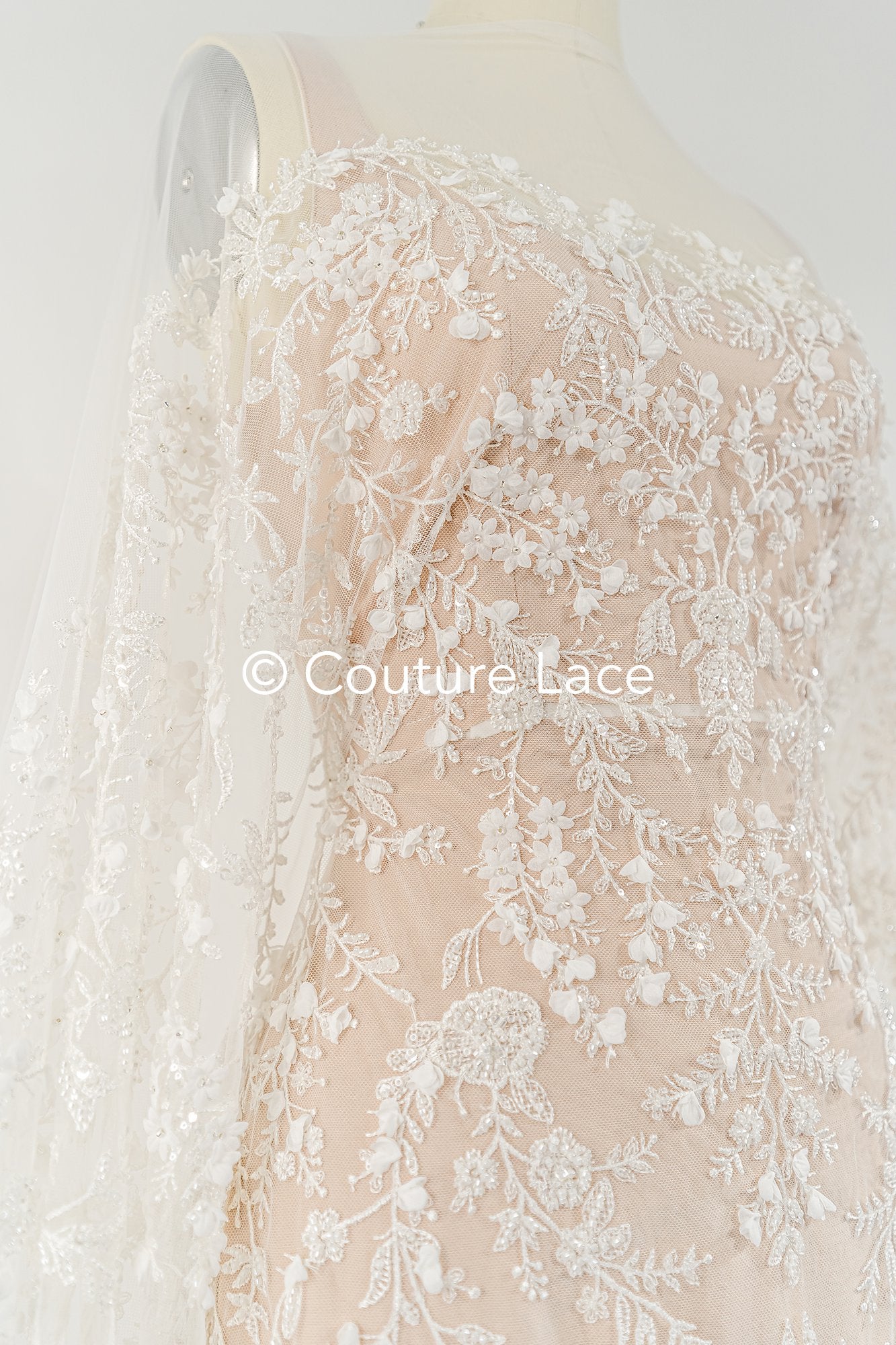 Fine bridal lace with small flowers and pearls – Handmade bridal fabric embroidery // L25-841