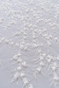 Fine bridal lace with small flowers and pearls – Handmade bridal fabric embroidery // L25-842