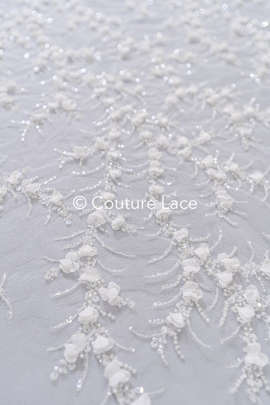 Fine bridal lace with small flowers and pearls – Handmade bridal fabric embroidery // L25-842