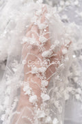 Fine bridal lace with small flowers and pearls – Handmade bridal fabric embroidery // L25-842