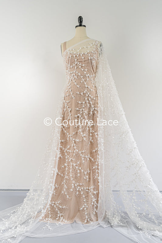 Fine bridal lace with small flowers and pearls – Handmade bridal fabric embroidery // L25-842