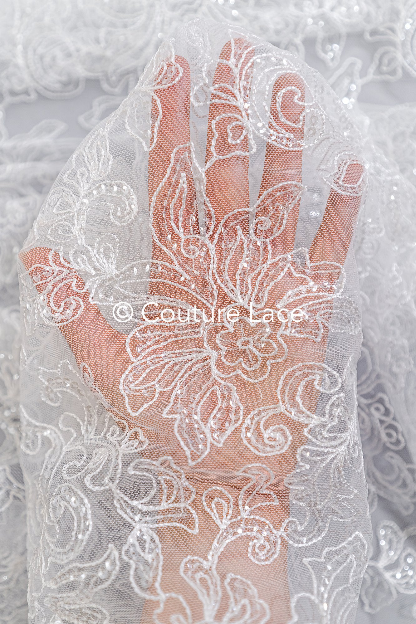 Fine sequin lace off-white/ soft French tulle fabric/ French bridal lace// L17-029