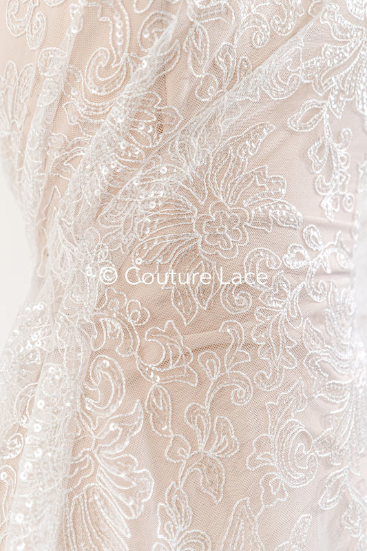 Fine sequin lace off-white/ soft French tulle fabric/ French bridal lace// L17-029