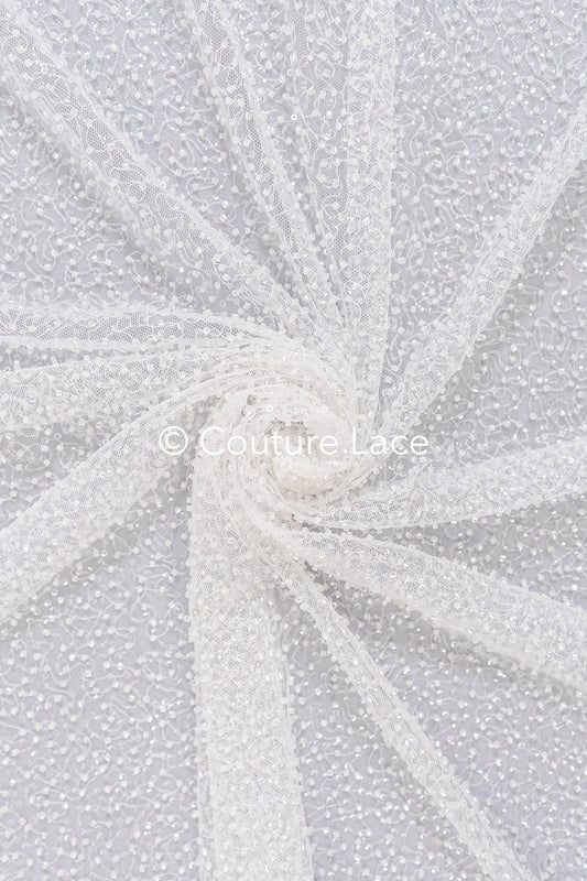 Perlen Spitzenstoff Off-White/ Braut Spitzenstoff mit Perlen & Pailletten/ Hochzeitskleid Spitzenstoff/ Pailletten Spitze/ Perlen Brautspitze// L17-100