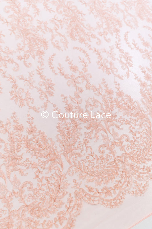 Super romantisch weich-pfirsich Braut Spitzenstoff mit verschnörkelt-floralem filigranem Muster, weicher Rosé Spitzenstoff, Dessous Spitze// L21-412PH