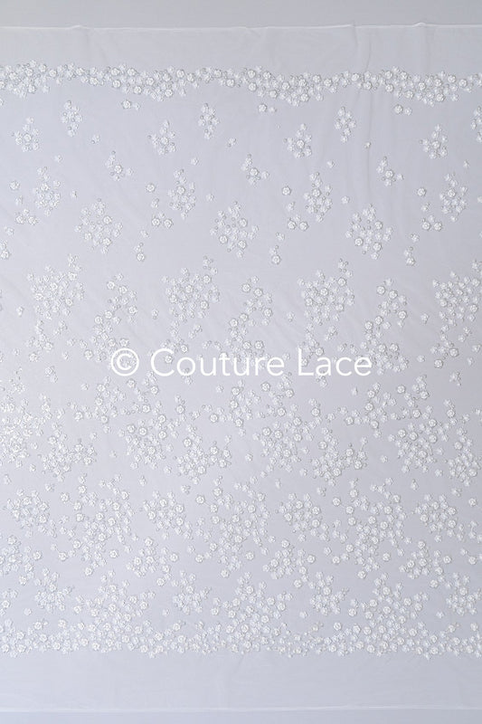 Floral pearl lace fabric off-white silver/ Bridal lace fabric with pearls &amp; sequins/ Bridal lace with flowers// L22-451