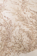 Rose Gold Spitze mit Perlen/ perlenbesetzter Couture Spitzenstoff/ kupfer Spitzenstoff/ Abendkleid Perlen Stoff// L22-488