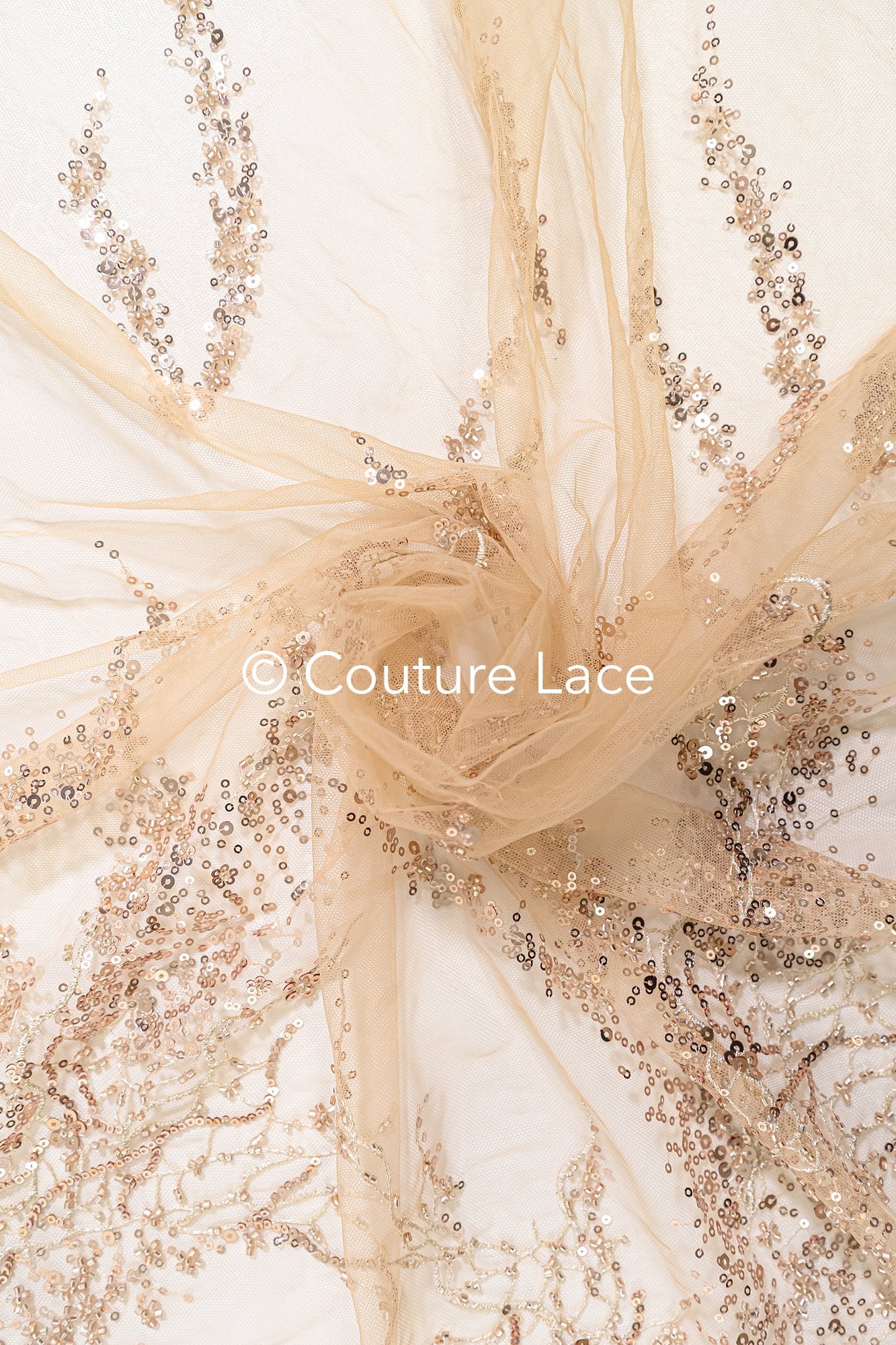 Rose Gold Spitze mit Perlen/ perlenbesetzter Couture Spitzenstoff/ kupfer Spitzenstoff/ Abendkleid Perlen Stoff// L22-488