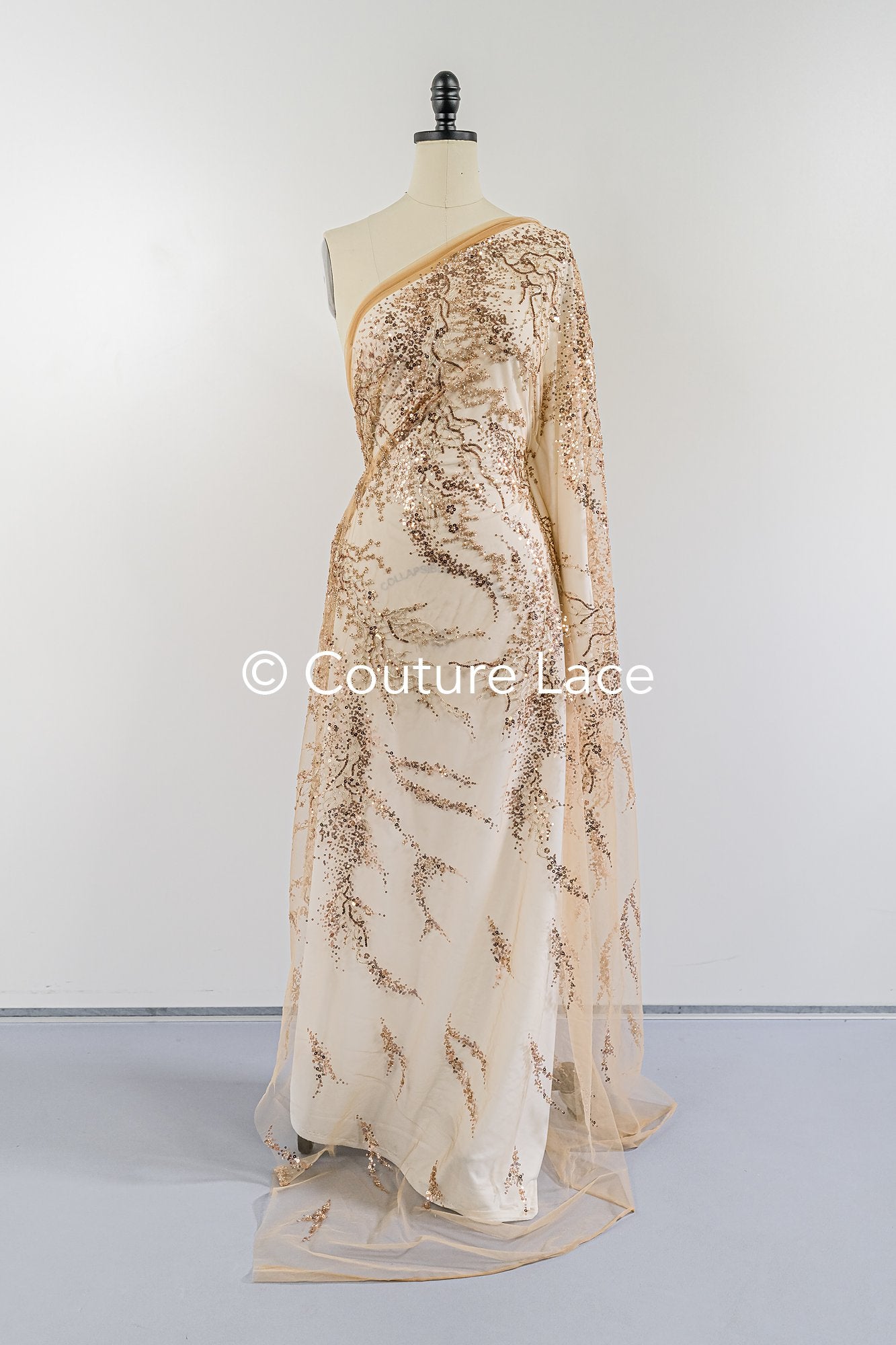Rose Gold Spitze mit Perlen/ perlenbesetzter Couture Spitzenstoff/ kupfer Spitzenstoff/ Abendkleid Perlen Stoff// L22-488
