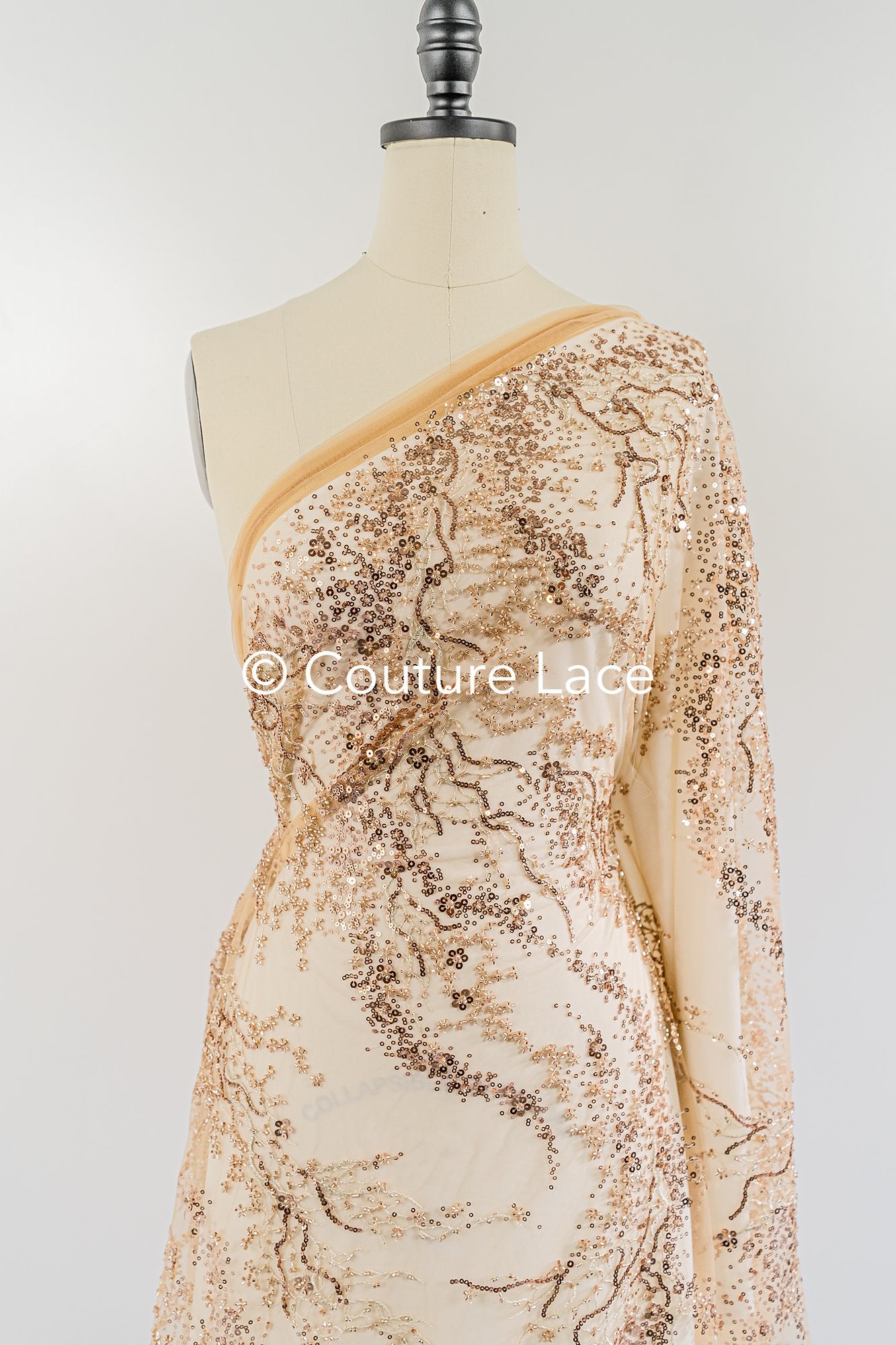 Rose Gold Spitze mit Perlen/ perlenbesetzter Couture Spitzenstoff/ kupfer Spitzenstoff/ Abendkleid Perlen Stoff// L22-488
