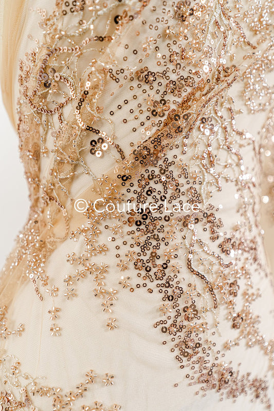 Rose Gold Spitze mit Perlen/ perlenbesetzter Couture Spitzenstoff/ kupfer Spitzenstoff/ Abendkleid Perlen Stoff// L22-488