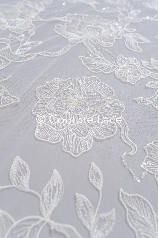 Floral bridal lace off-white/ bridal lace with pearls &amp; sequins/ bridal lace fabric/ floral wedding lace with sequins/ couture lace// L23-578