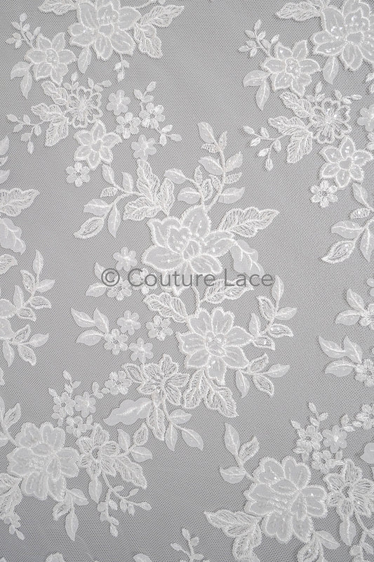 Blumen Braut Spitze Off-White/ Brautspitze mit Blumen/ Blumen Hochzeit Spitze/ Couture Spitze mit Pailletten// L23-588