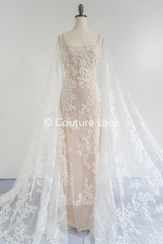 Floral bridal lace/ Bridal lace fabric/ Off-white bridal lace/ Lace with 3D flowers/ Couture lace/ L24-680