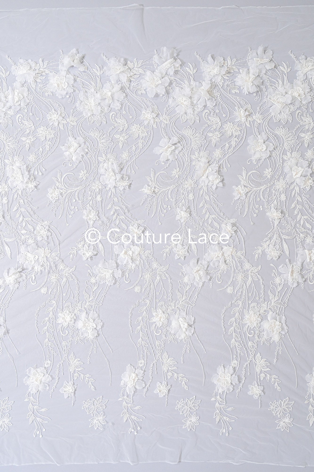 3D flower lace fabric/ French bridal lace fabric/ Romantic floral lace fabric with 3D flowers/ Wedding lace fabric// L24-682