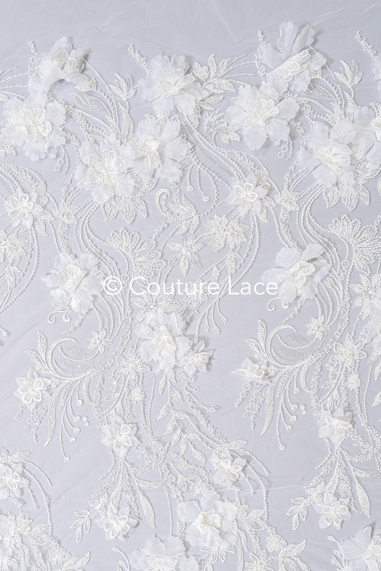 3D flower lace fabric/ French bridal lace fabric/ Romantic floral lace fabric with 3D flowers/ Wedding lace fabric// L24-682