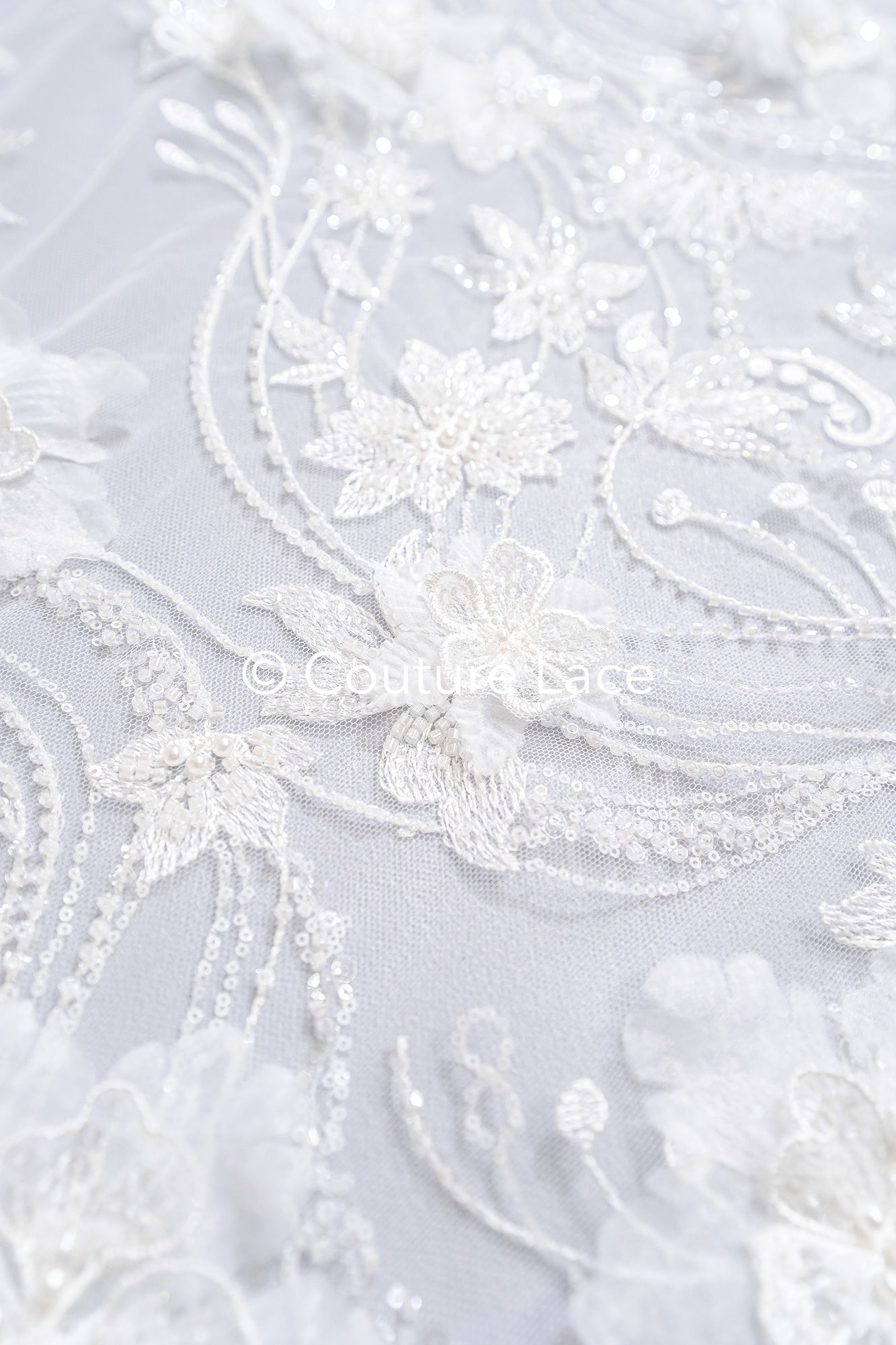 3D flower lace fabric/ French bridal lace fabric/ Romantic floral lace fabric with 3D flowers/ Wedding lace fabric// L24-682