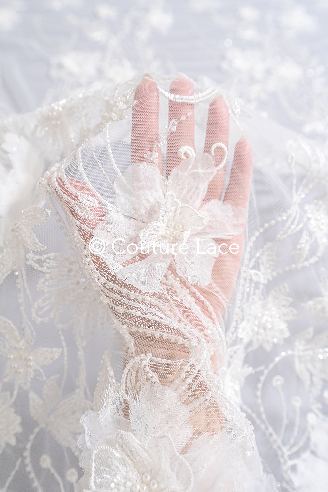 3D flower lace fabric/ French bridal lace fabric/ Romantic floral lace fabric with 3D flowers/ Wedding lace fabric// L24-682