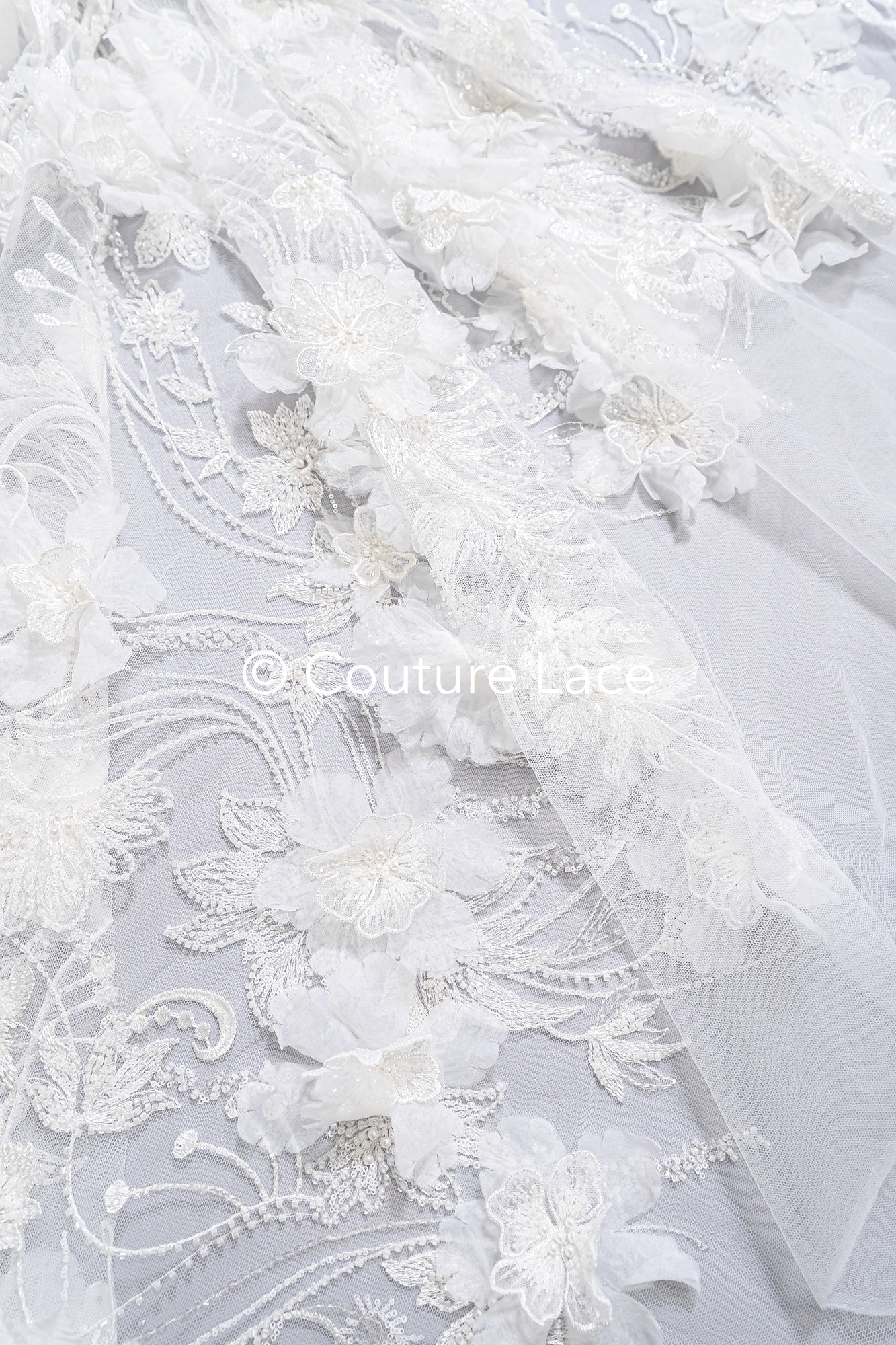 3D flower lace fabric/ French bridal lace fabric/ Romantic floral lace fabric with 3D flowers/ Wedding lace fabric// L24-682