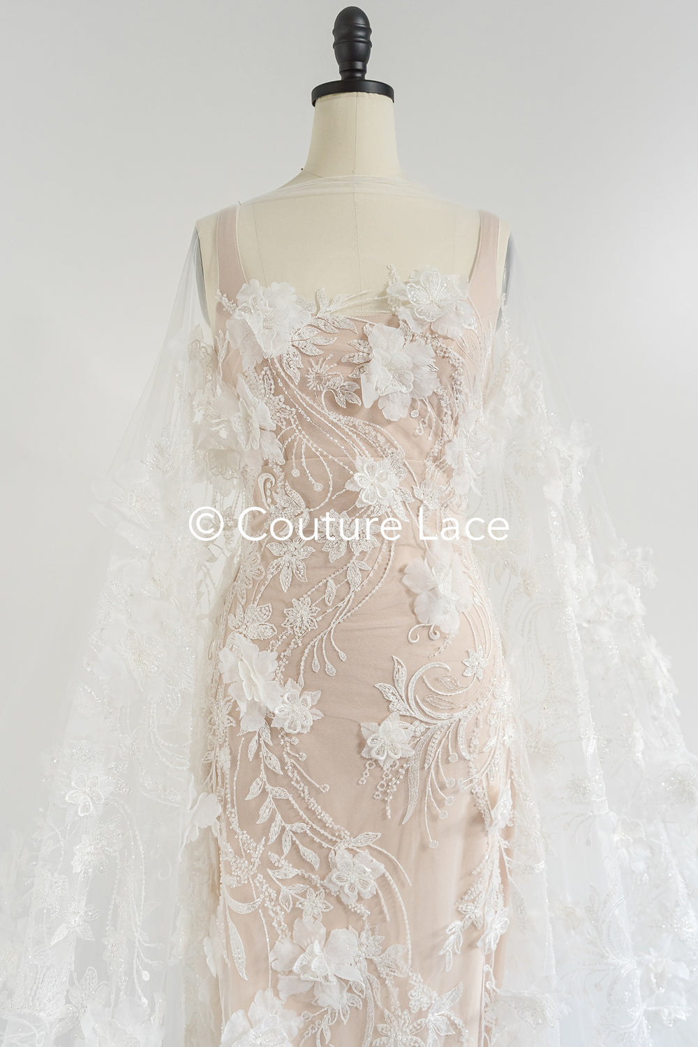 3D flower lace fabric/ French bridal lace fabric/ Romantic floral lace fabric with 3D flowers/ Wedding lace fabric// L24-682