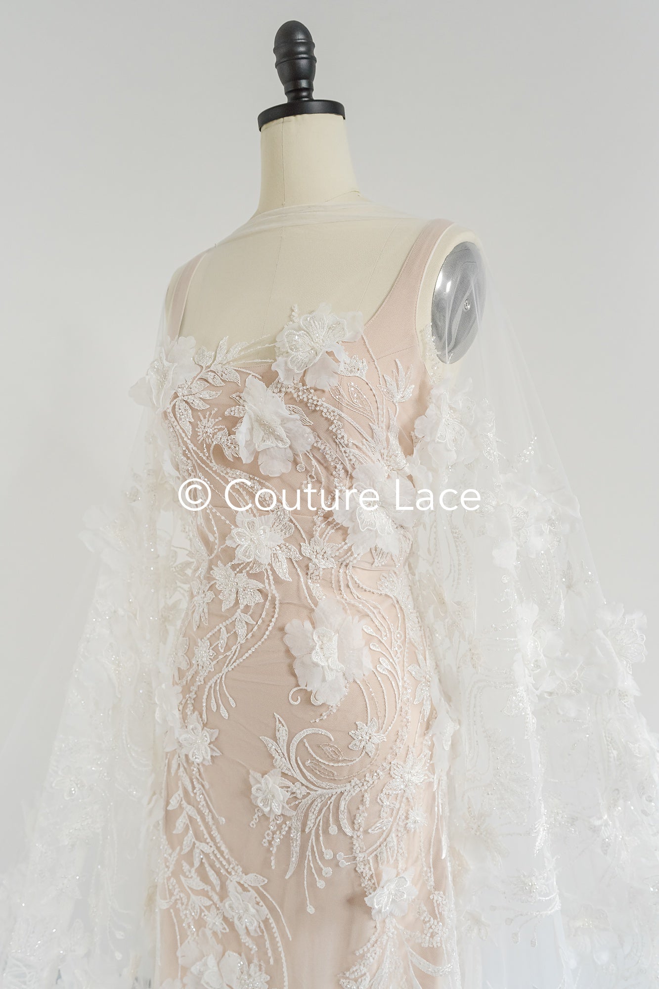 3D flower lace fabric/ French bridal lace fabric/ Romantic floral lace fabric with 3D flowers/ Wedding lace fabric// L24-682