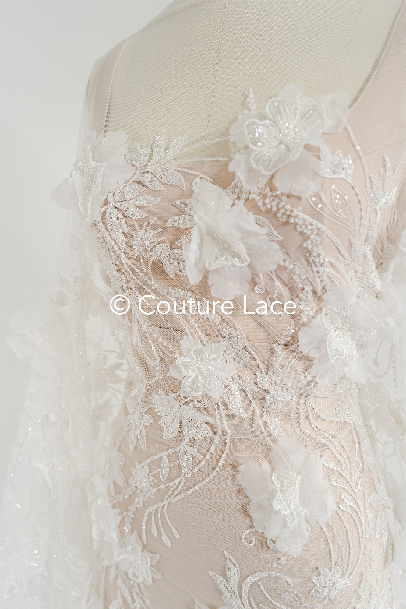 3D flower lace fabric/ French bridal lace fabric/ Romantic floral lace fabric with 3D flowers/ Wedding lace fabric// L24-682