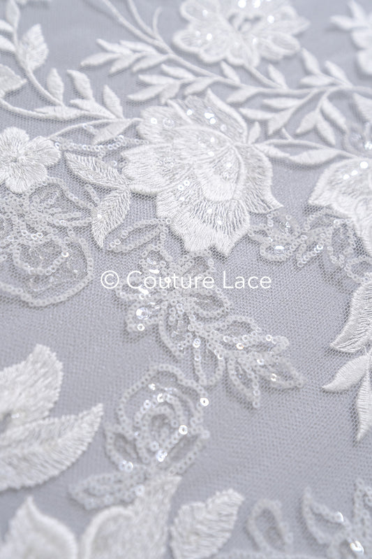 Floral Bridal Lace/ Bridal Lace Fabric/ Off-White Bridal Lace/ Embroidered Wedding Lace/ Couture Lace/ L24-688