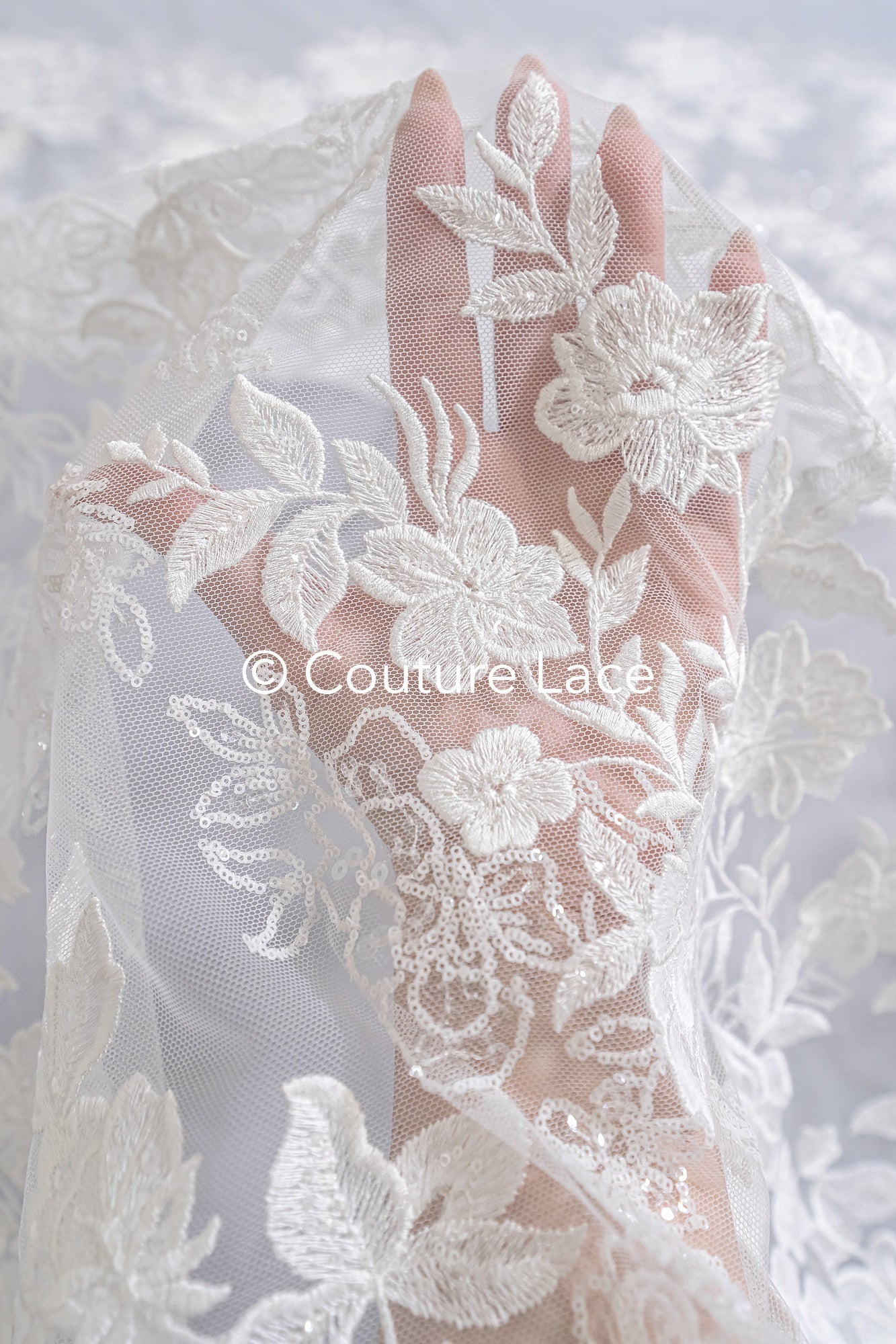 Floral Bridal Lace/ Bridal Lace Fabric/ Off-White Bridal Lace/ Embroidered Wedding Lace/ Couture Lace/ L24-688