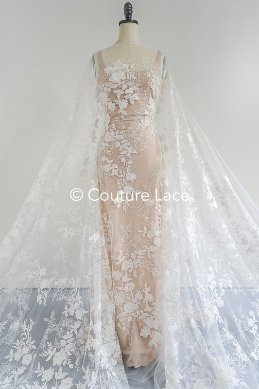 Floral Bridal Lace/ Bridal Lace Fabric/ Off-White Bridal Lace/ Embroidered Wedding Lace/ Couture Lace/ L24-688