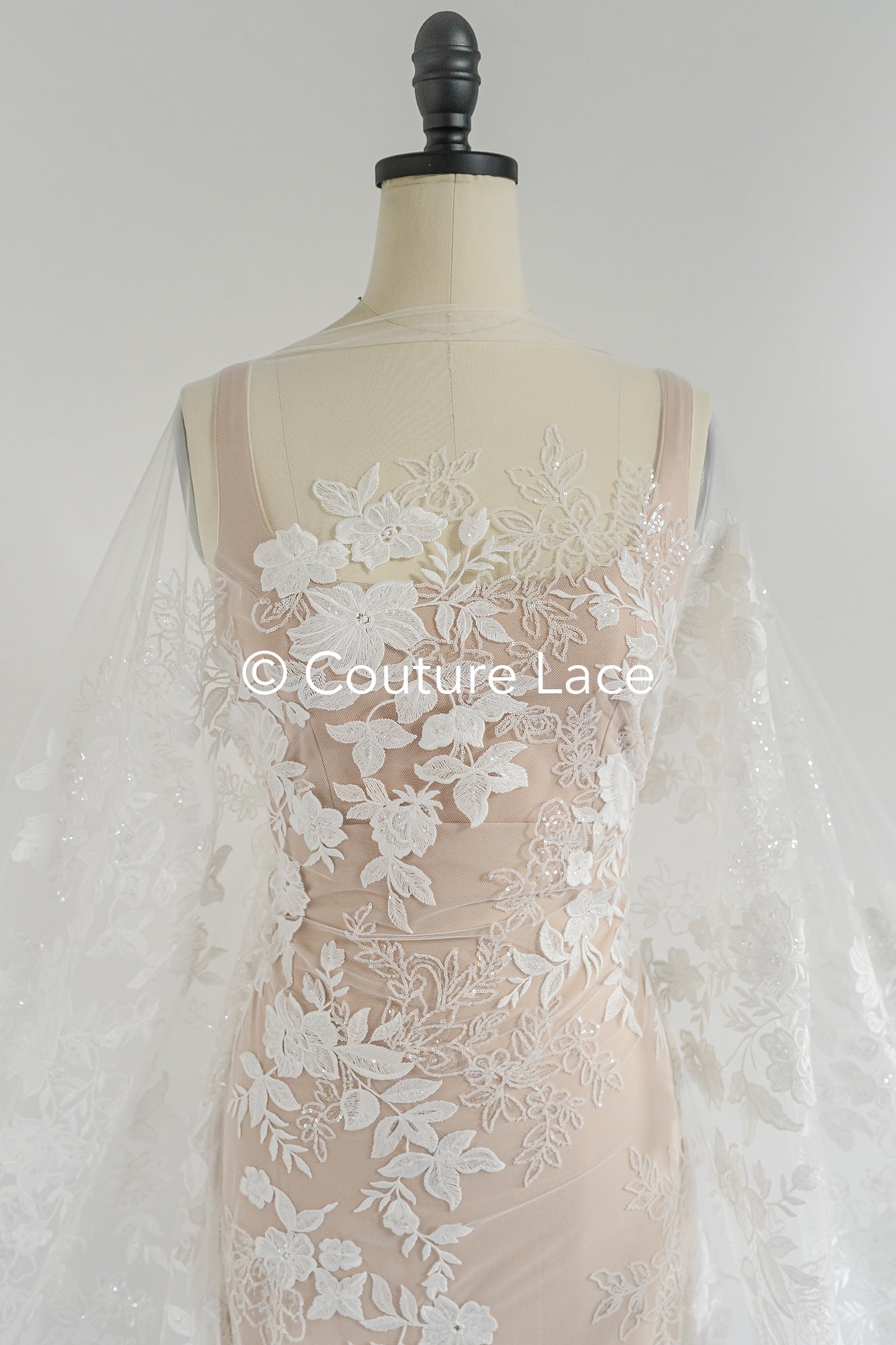 Floral Bridal Lace/ Bridal Lace Fabric/ Off-White Bridal Lace/ Embroidered Wedding Lace/ Couture Lace/ L24-688