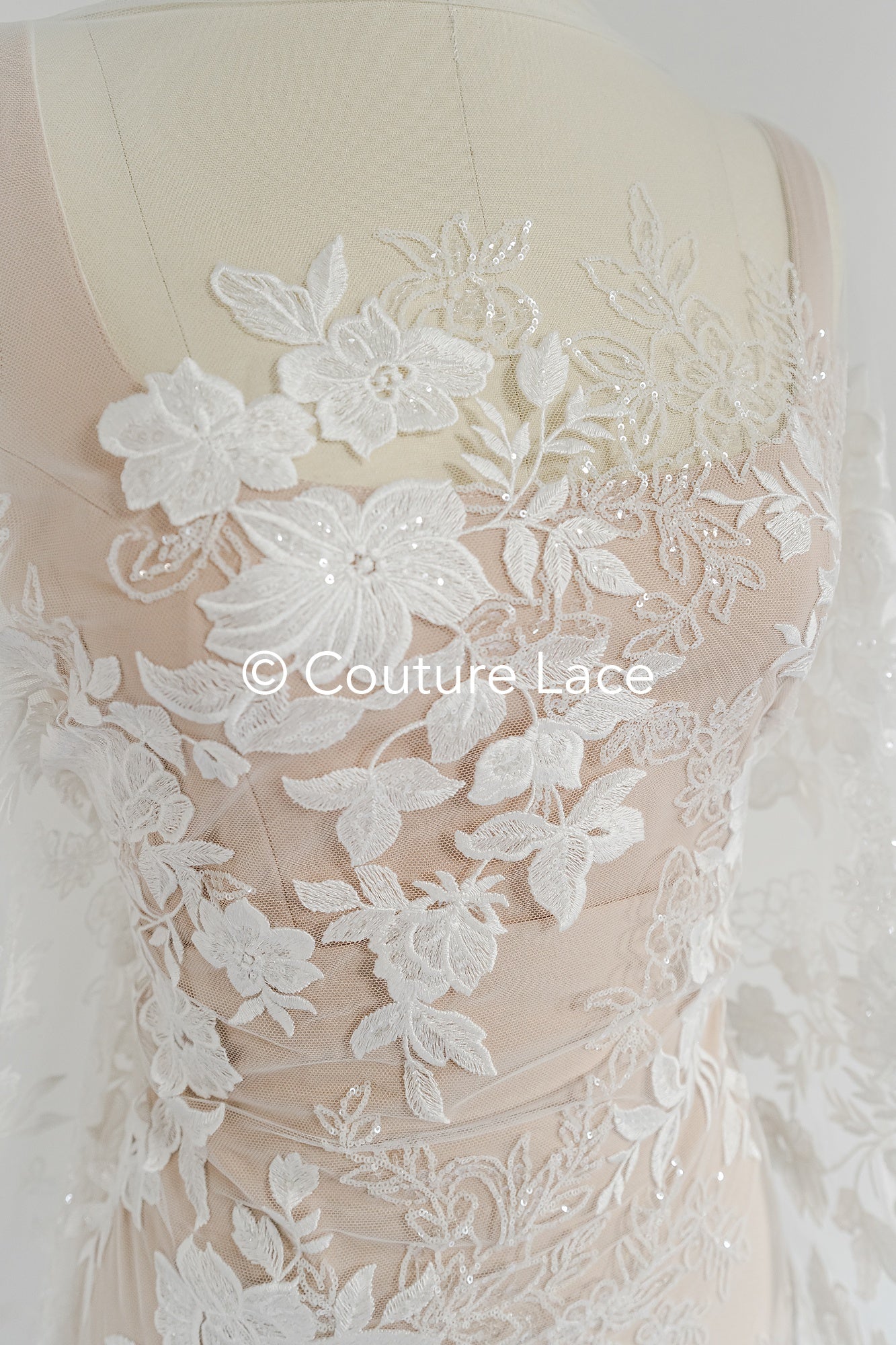 Floral Bridal Lace/ Bridal Lace Fabric/ Off-White Bridal Lace/ Embroidered Wedding Lace/ Couture Lace/ L24-688