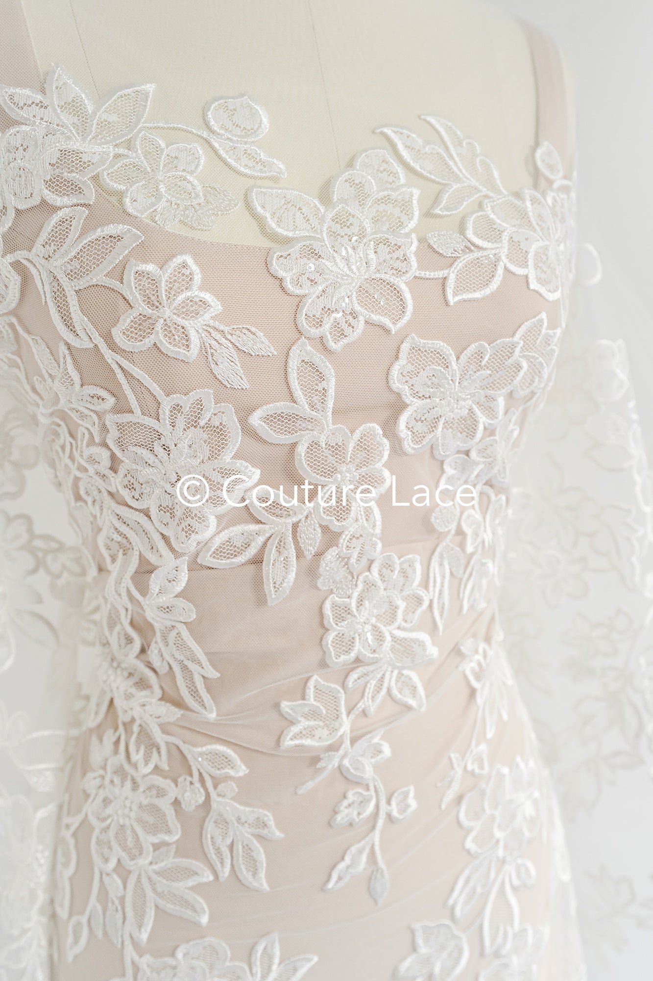 Floral bridal lace/ bridal lace fabric/ off-white bridal lace/ embroidered wedding lace/ couture lace/ L24-693