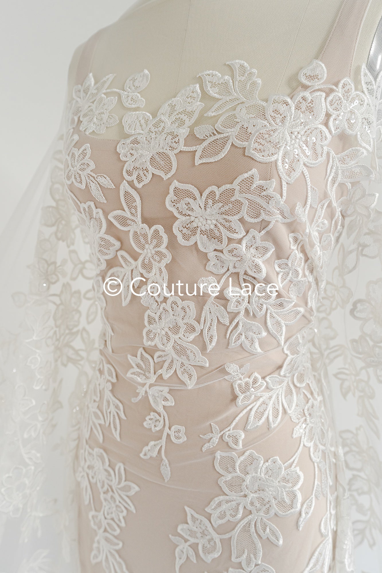 Floral bridal lace/ bridal lace fabric/ off-white bridal lace/ embroidered wedding lace/ couture lace/ L24-693