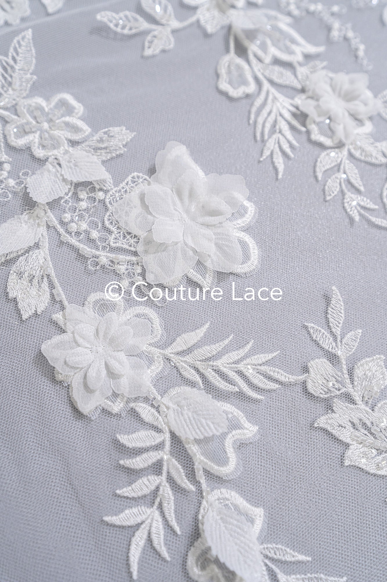 3D flower lace fabric/ French bridal lace fabric/ Romantic floral lace fabric with 3D flowers/ Wedding lace fabric// L24-694