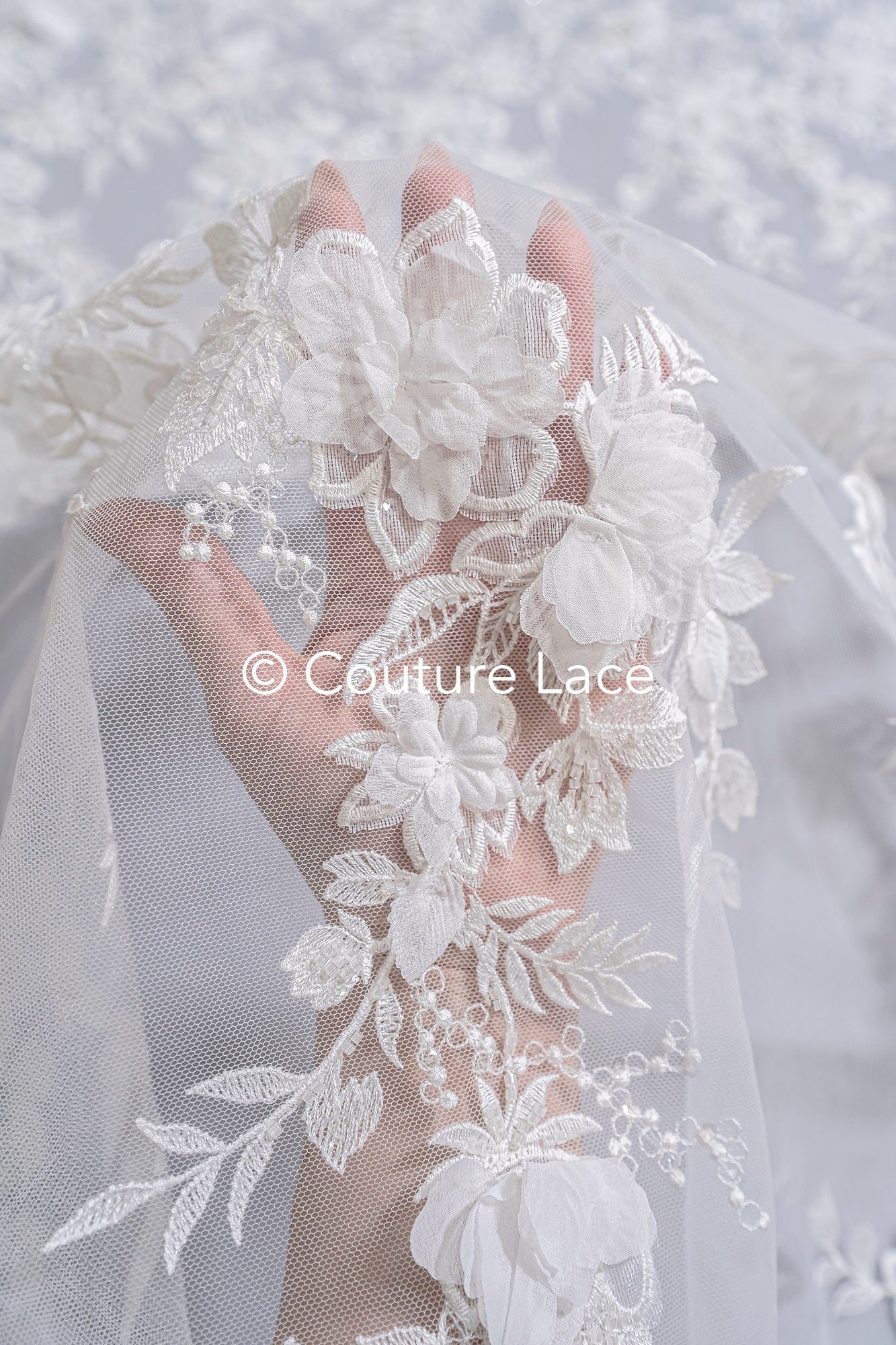 3D flower lace fabric/ French bridal lace fabric/ Romantic floral lace fabric with 3D flowers/ Wedding lace fabric// L24-694
