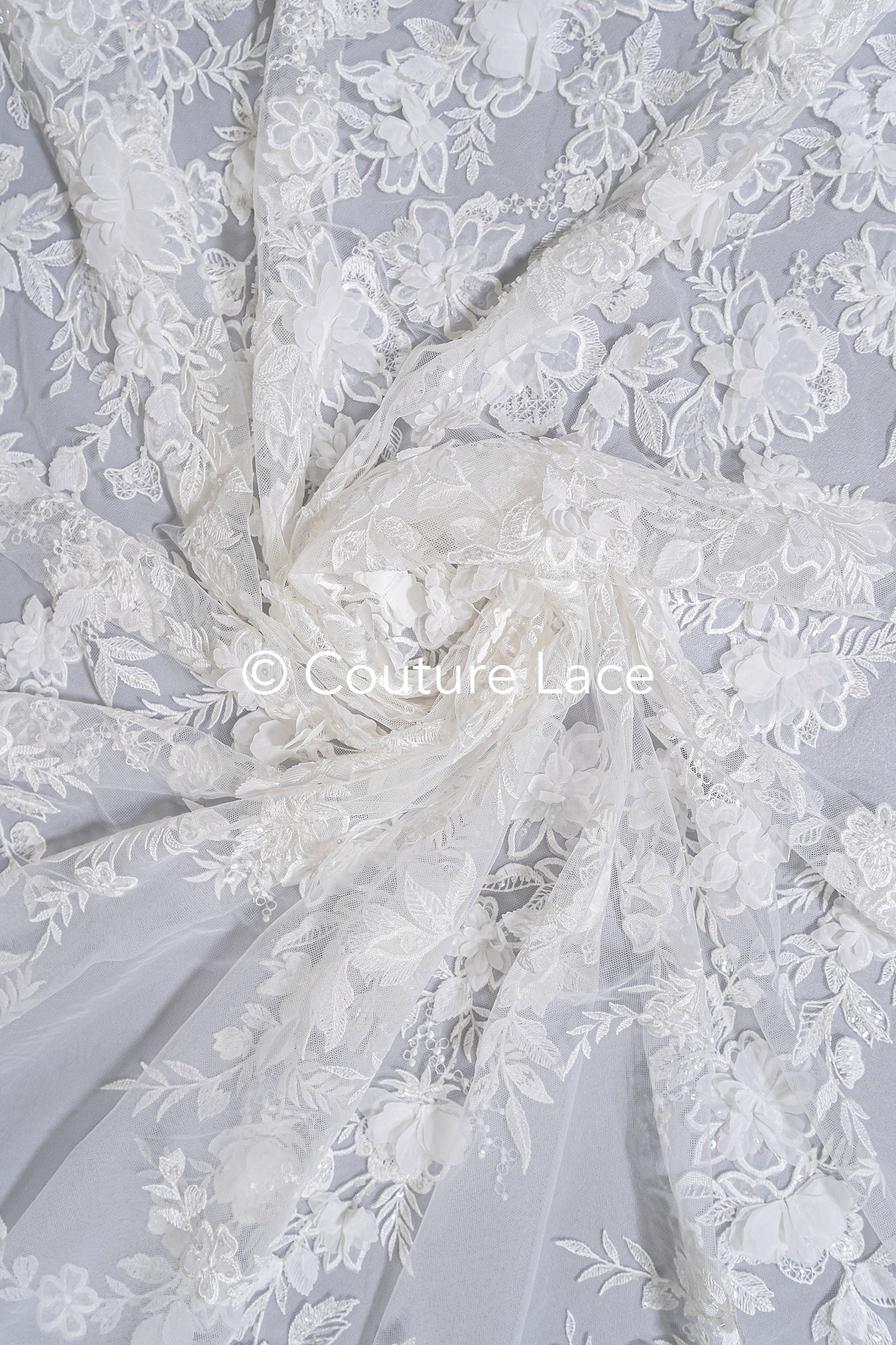 3D flower lace fabric/ French bridal lace fabric/ Romantic floral lace fabric with 3D flowers/ Wedding lace fabric// L24-694