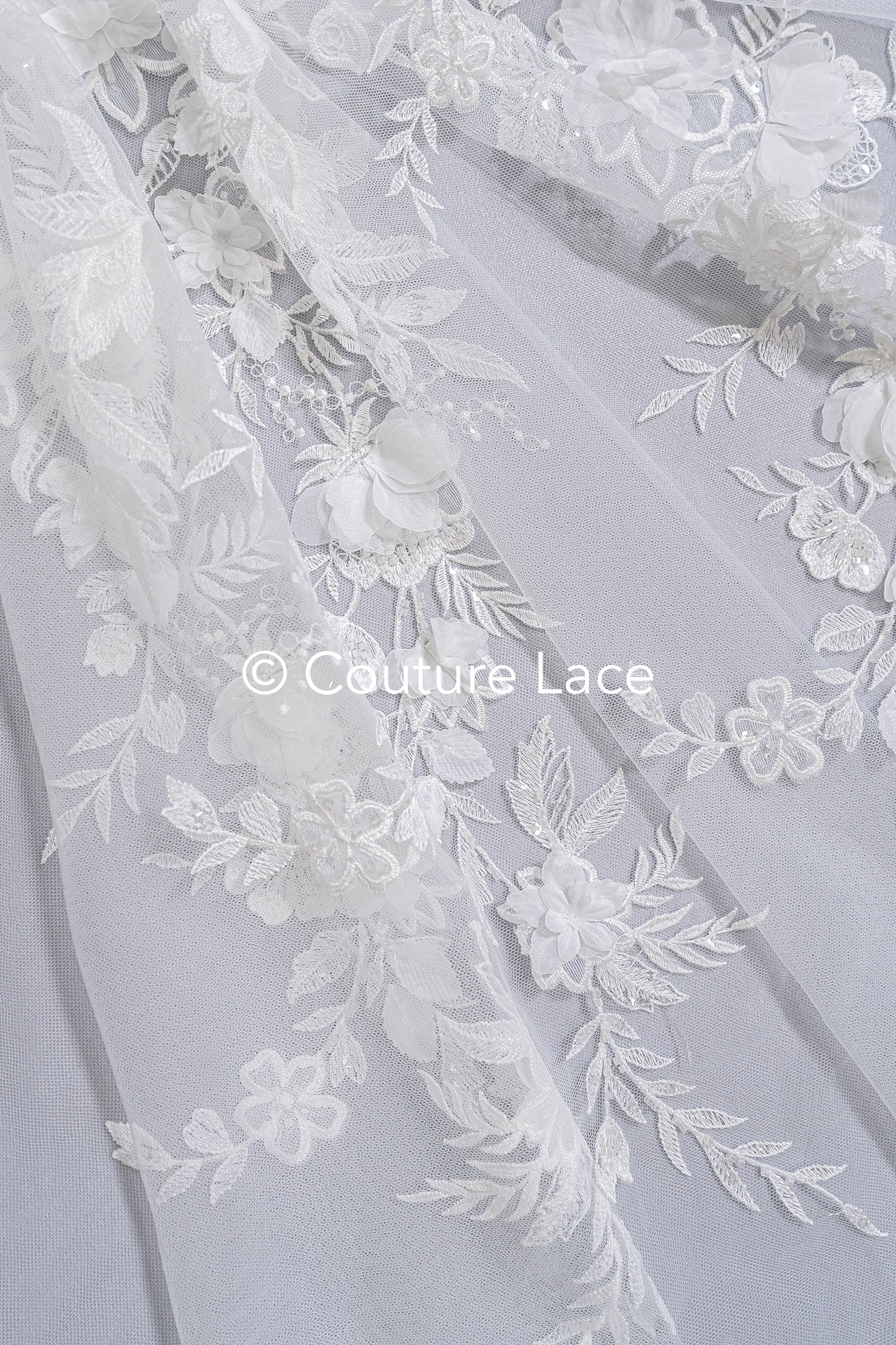 3D flower lace fabric/ French bridal lace fabric/ Romantic floral lace fabric with 3D flowers/ Wedding lace fabric// L24-694